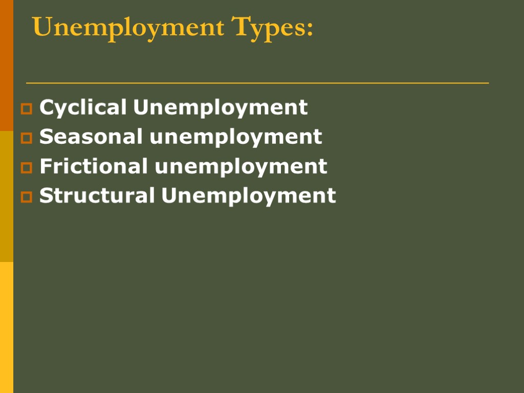 Unemployment Types: Cyclical Unemployment Seasonal unemployment Frictional unemployment Structural Unemployment